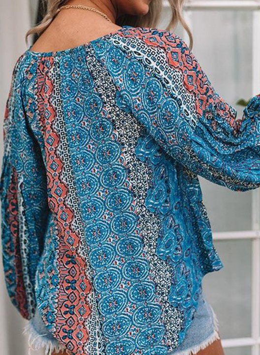 Women's Blouses Floral Tribal Long Sleeve V Neck Button Vintage Blouse