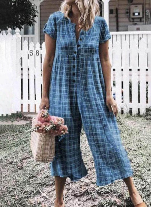 Women's Jumpsuits Plaid Wide Leg High Waist Short Sleeve Ankle-length Summer Jumpsuits