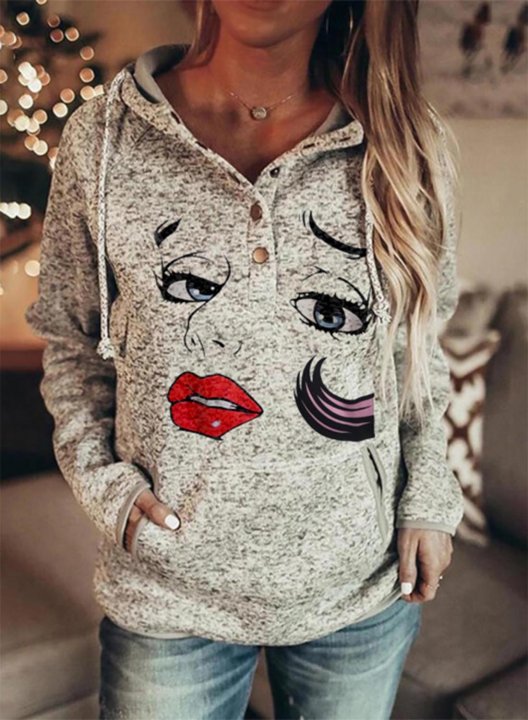 Women's Hoodies Portrait Drawstring Button Long Sleeve Solid Pocket Casual Hoodies