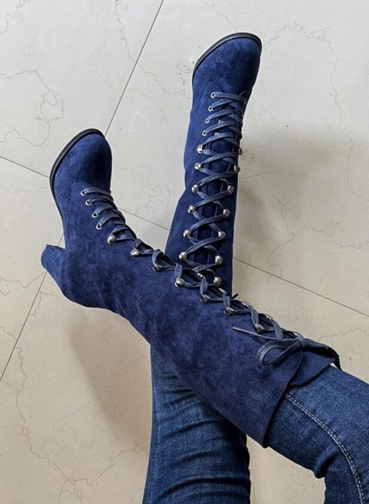 Block Heel Suede Frosted Strap High-heeled Boots