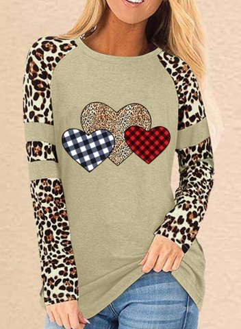 Women's Sweatshirt Leopard Plaid Heart-shaped Print Color Block Long Sleeve Round Neck T-shirt