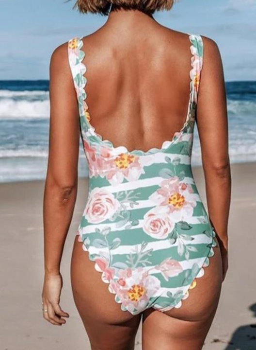 Women's One Piece Swimwear Floral Striped V Neck Knot One-Piece Swimsuit