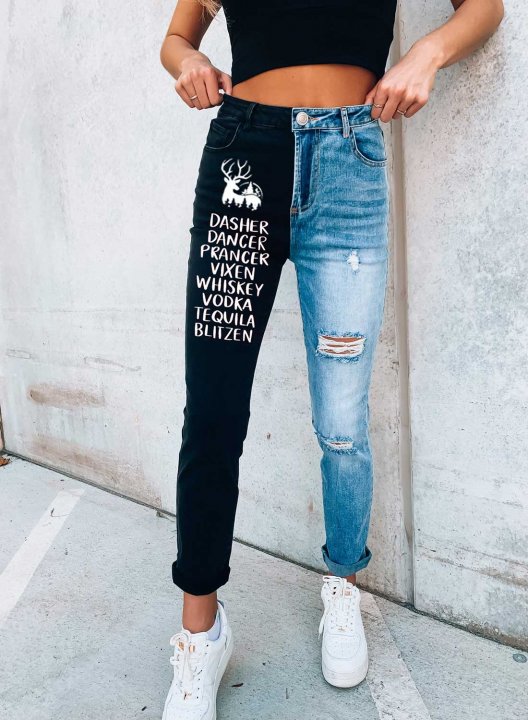 Women's Dasher Dancer Prancer Jeans Deer Letter Color Block High Waist Slim Full Length Pocket Daily Jeans