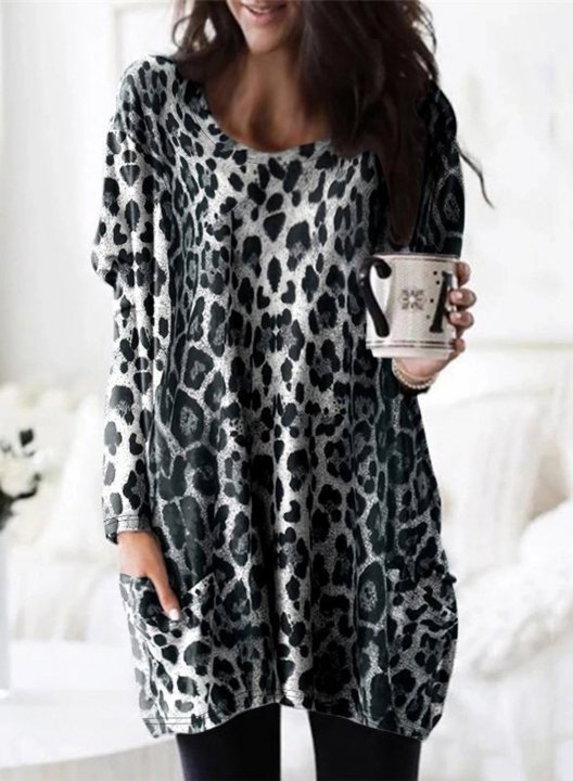 Leopard Round Neck Long Sleeve Tunic Sweatshirt