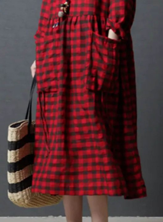 Women's Dress Casual Plaid Color Block Round Neck Long Sleeve Pocket Midi Dress