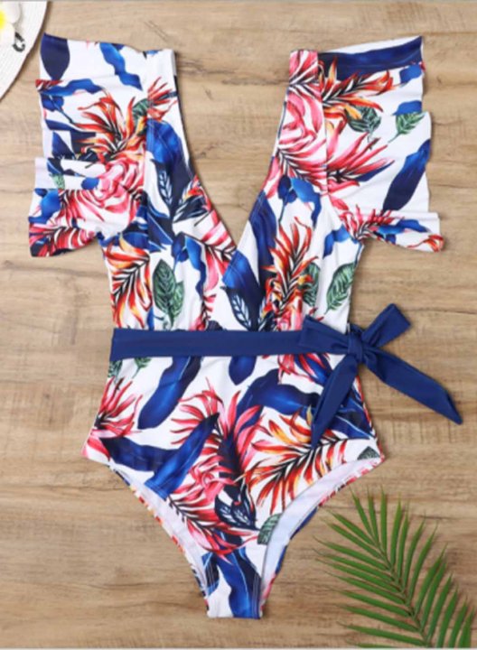 Women's One Piece Swimwear Floral V Neck Short Sleeve Ruffle Knot Casual One-Piece Swimsuits One-Piece Bathing Suits