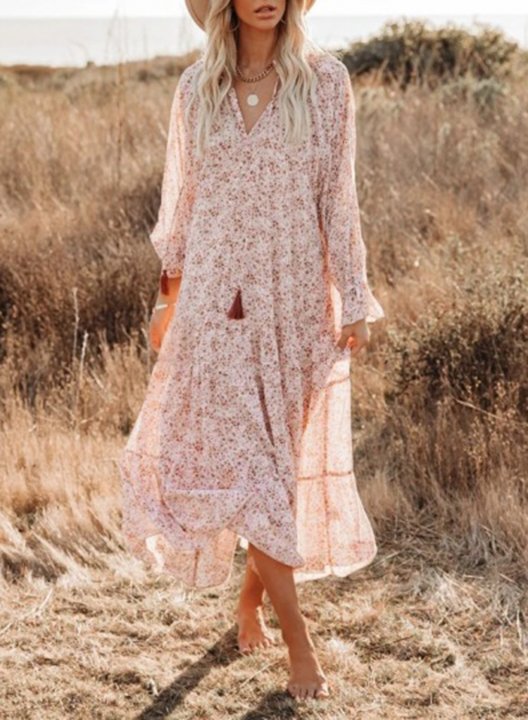 Women's Maxi Dresses Floral Fringe Tassels Flare Long Sleeve V Neck Dress