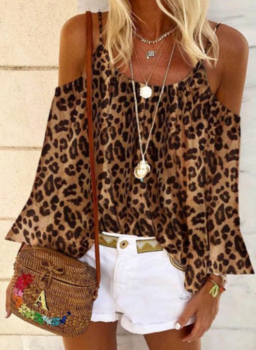 Women's Blouses Leopard Cold Shoulder Blouse