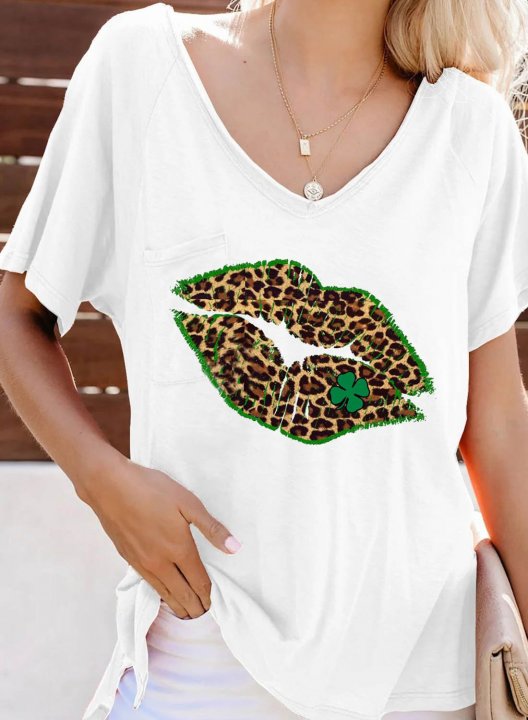 Women's T-shirts Leopard Lip Print Short Sleeve V Neck Daily T-shirt