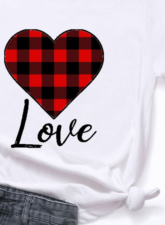 Women's T-shirts Plaid Heart Print Color Block Short Sleeve Round Neck Daily T-shirt