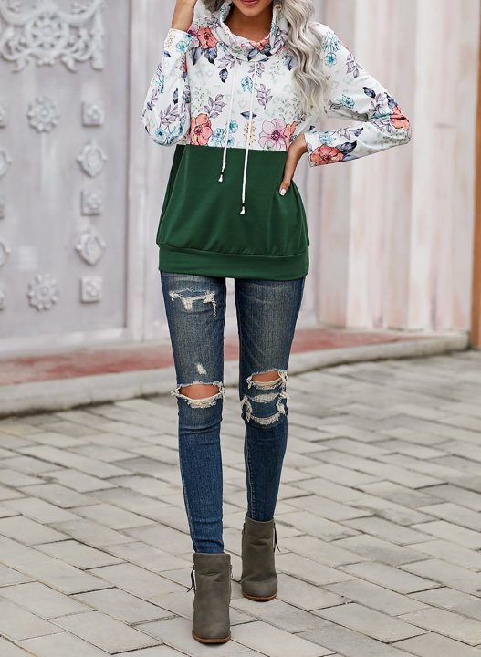 Color Block Long Sleeve High Neck Floral Sweatshirt