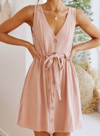 Women's Mini Dresses Belted Flare Solid V Neck Button-up Dress