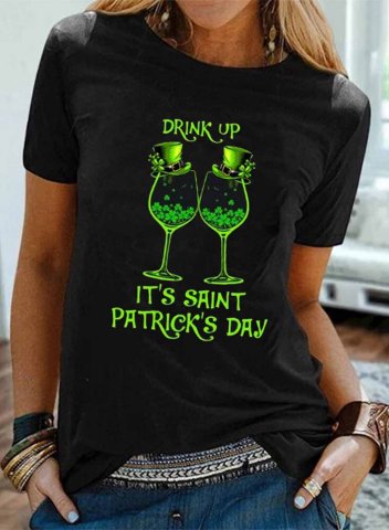Women's Funny St Patrick's Day T-shirts Drink up It's Saint Patrick's Day Print Short Sleeve Round Neck Daily T-shirt