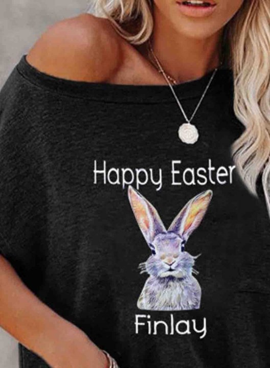 Women's Happy Easter Finlay Bunny Print T-shirts Solid Black Casual T-shirt