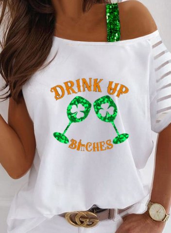 Women's Funny St Patrick's Day Sweatshirts Drink up Bitches T-shirts Sequin Print Short Sleeve Off Shoulder Daily T-shirt