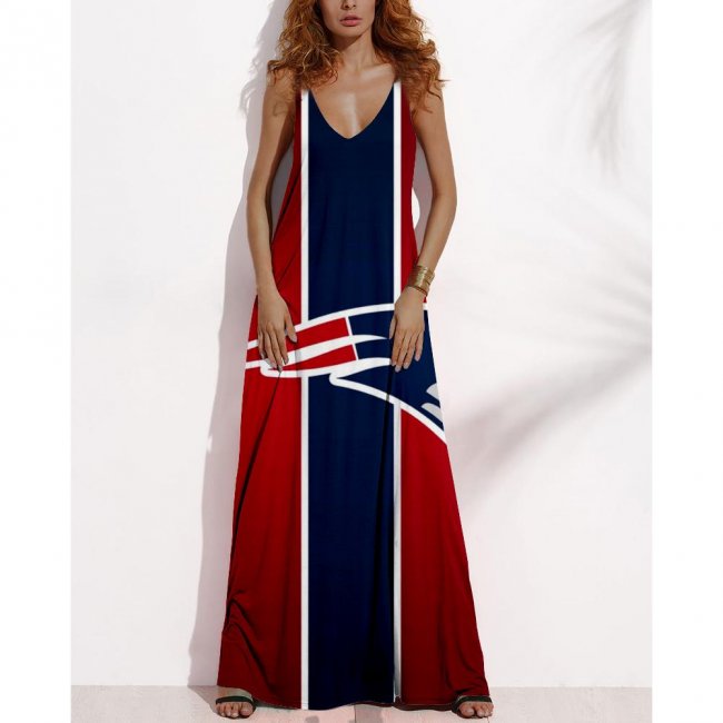 Women's Summer NEW ENGLAND PATRIOTS Fan Print V-neck Sleeveless Loose Long A-line Dress