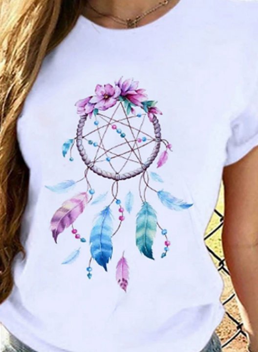 Women's T-shirts Tribal Feather Pattern Short Sleeve Round Neck Daily Boho T-shirt