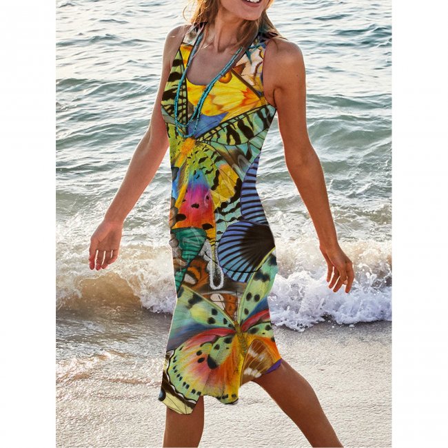 Butterfly Print Holiday Casual Round Neck Sleeveless Dress Vest