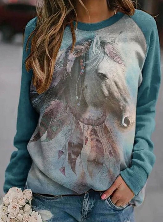 Women's Sweatshirts Animal Letter Print Long Sleeve Round Neck Raglan-sleeves Sweatshirt