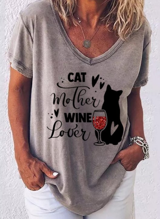 Women's T-shirts Letter Animal Print V Neck Short Sleeve Summer Daily Casual T-shirts