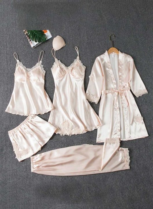 Women's Loungewear Sets Solid Floral Lace 4-Piece Loungewear Set