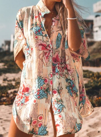 Women's Mini Dress Floral Fruits & Plants Button Short Sleeve Turn Down Collar Vacation Beach Mini Dress