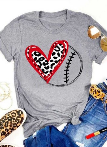 Women's T-shirts Leopard Heart & Football Solid Round Neck Short Sleeve Daily Casual T-shirts