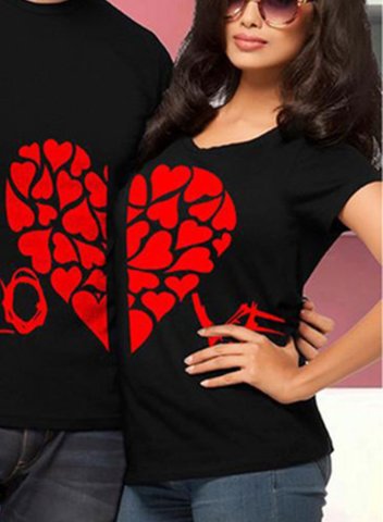 Couple's Valentine T-Shirt Color Block Heart-shaped Letter Round Neck Short Sleeve Men's And Women's T-shirts