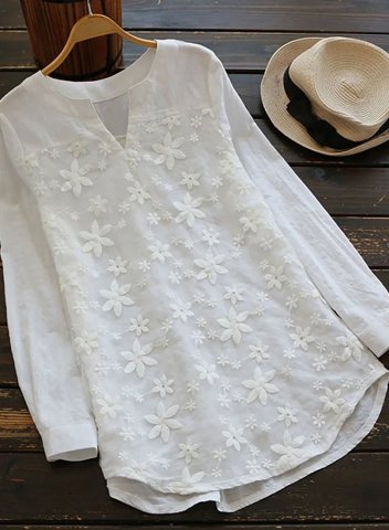 Women's Shirts Solid Floral Long Sleeve V Neck Daily Casual Lace Shirt
