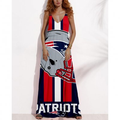 Women's Summer NEW ENGLAND PATRIOTS Fan Print V-neck Sleeveless Loose Long A-line Dress