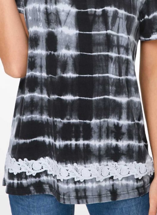 Women's T-shirts Lace Striped Tiedye Short Sleeve Round Neck Daily Casual T-shirt