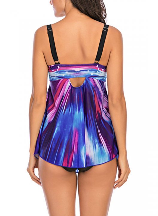 Women's Swimdresses Mid Waist Multicolor Open-back Sleeveless Spaghetti Adjustable Firework Gradient Print Skirt Split Swimdress