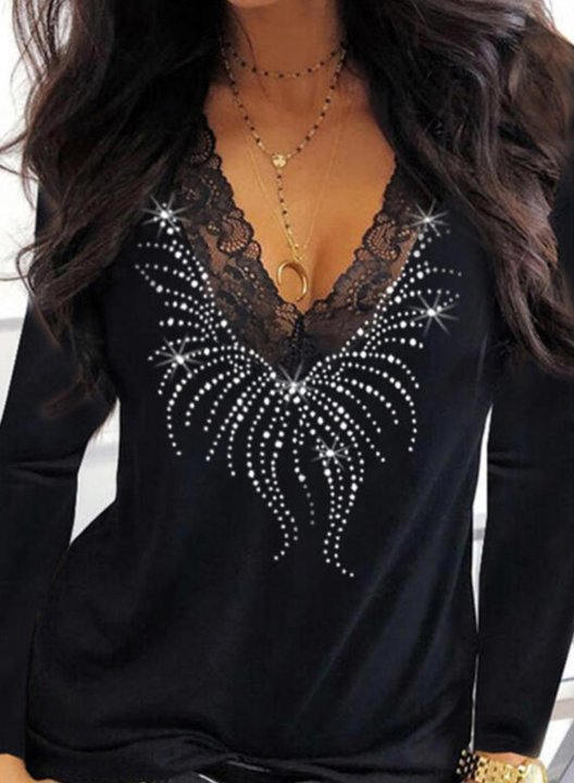 Women's T-shirts Solid Sequin Lace Long Sleeve V Neck T-shirt