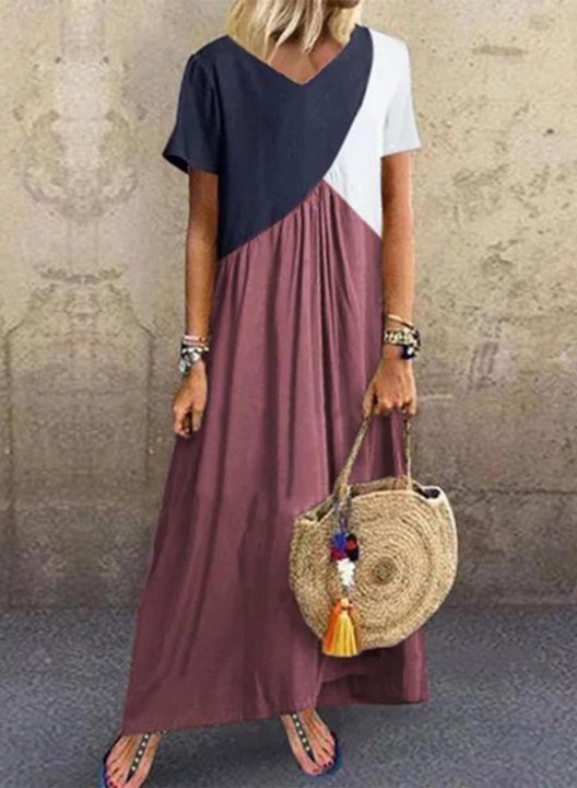 Women's Maxi Dresses Color Block Short Sleeve A-line V Neck Casual Daily Maxi Dress