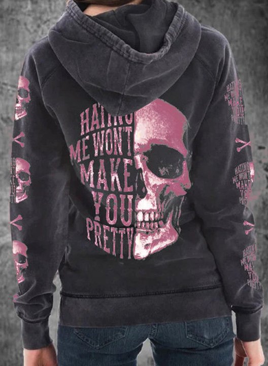 Women's Black Hoodies Skull Portrait Letter Round Neck Daily Vintage Hoodie