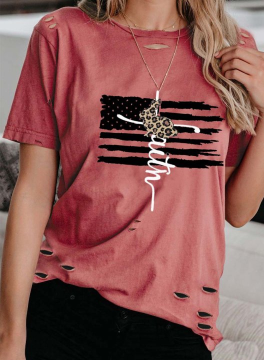 Women's T-shirts American Flag Letter Print Short Sleeve Round Neck Daily Cut-out T-shirt