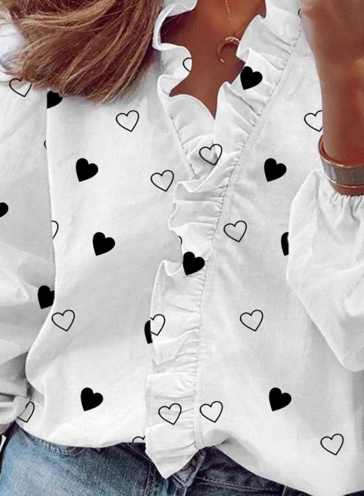 Women's Shirts Heart-shaped Long Sleeve V Neck Ruffle Daily Shirt