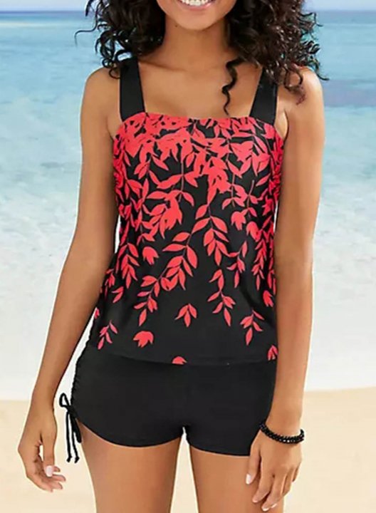 Women's Tankinis Color Block Floral Spaghetti Drawstring Padded Tankini