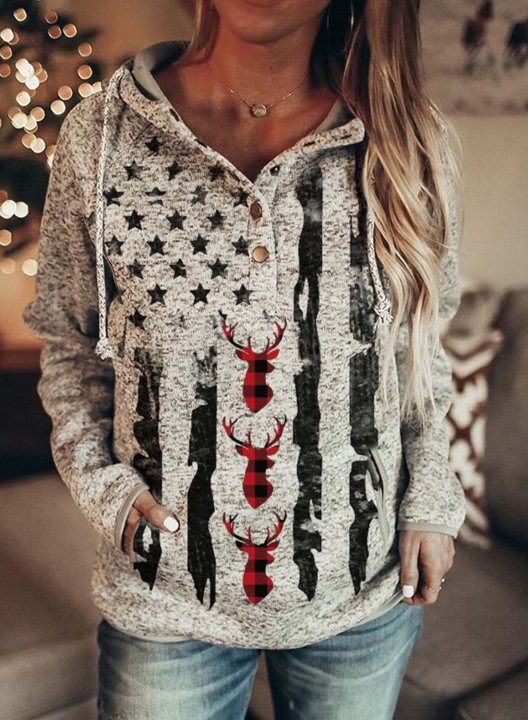 Women's Hoodies Color-block Deer American Flag Print Pocket Long Sleeve Hoodie