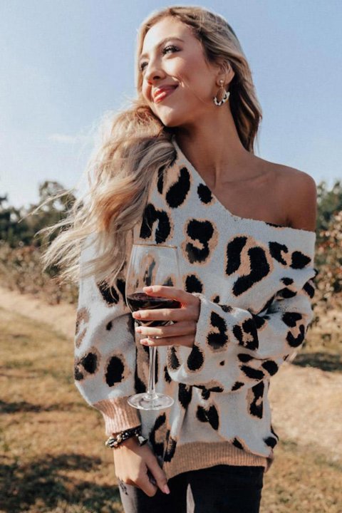 Women's Sweaters V-neck Leopard Print Puff Sleeve Sweaters