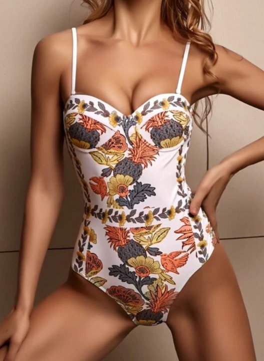 Women's One Piece Swimwear Color Block Floral One-Piece Swimsuit