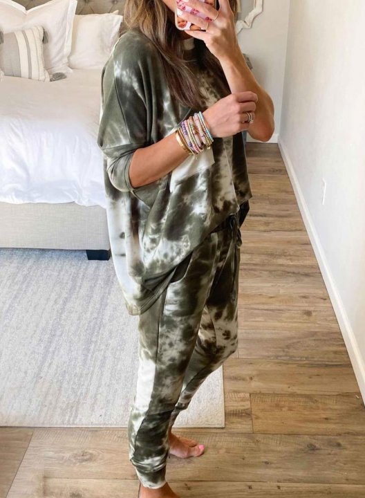 Tie-Dye Green Round Neck Drawstring Casual Suits