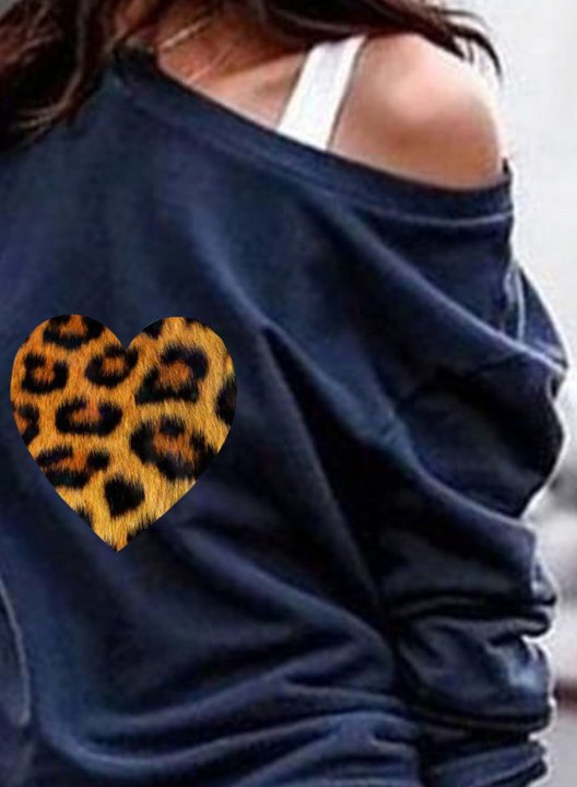 Women's Sweatshirt Casual Leopard Heart Cold Shoulder Solid Round Neck Long Sleeve Daily Pullovers