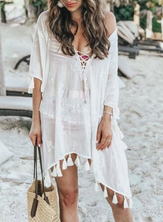 Women's Smocks Tassels Solid Short Sleeve A-line V Neck Beach Boho Smock