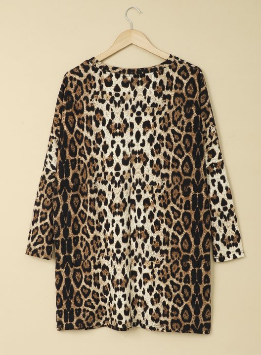 Leopard Round Neck Long Sleeve Tunic Sweatshirt