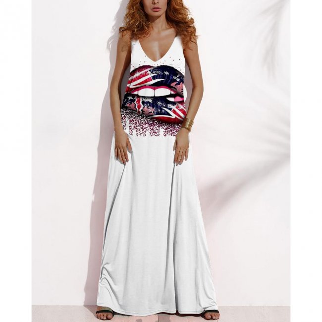 Women's Summer NEW ENGLAND PATRIOTS Fan Print V-neck Sleeveless Loose Long A-line Dress