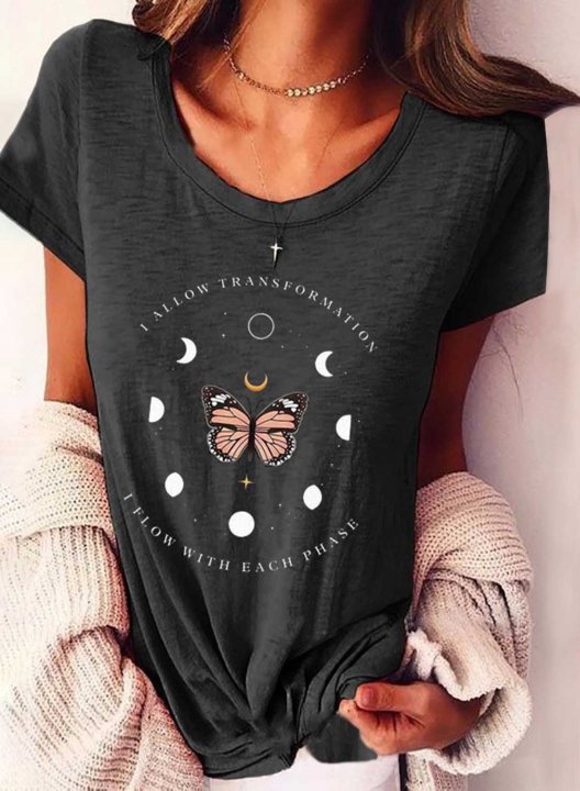 Women's T-shirts Butterfly Moon Print Short Sleeve Round Neck Daily Graphic T-shirt