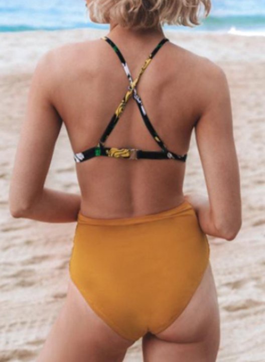 Women's Bikinis Floral High Waist Sleeveless V Neck Padded Adjustable Wire-free Beach Bikini Suit
