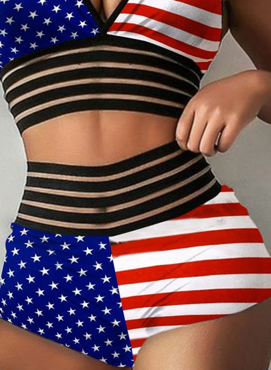 Women's Bikinis High Waist Flag Mesh Padded Sleeveless Unadjustable Wire-free Spaghetti Casual Beach Bikinis