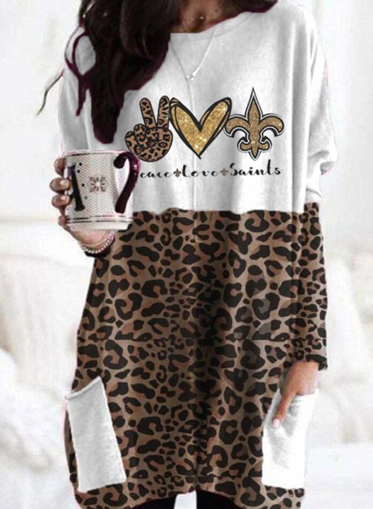 Women's Sweatshirts Round Neck Long Sleeve Leopard Casual Sweatshirts With Pockets